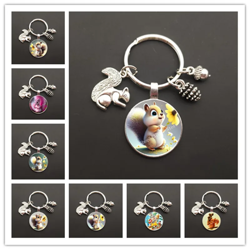 Cute Squirrel Keychain Squirrel Glass Image Keychain Metal Squirrel Squirrel Nut Keychain Male and Female Jewelry Gift