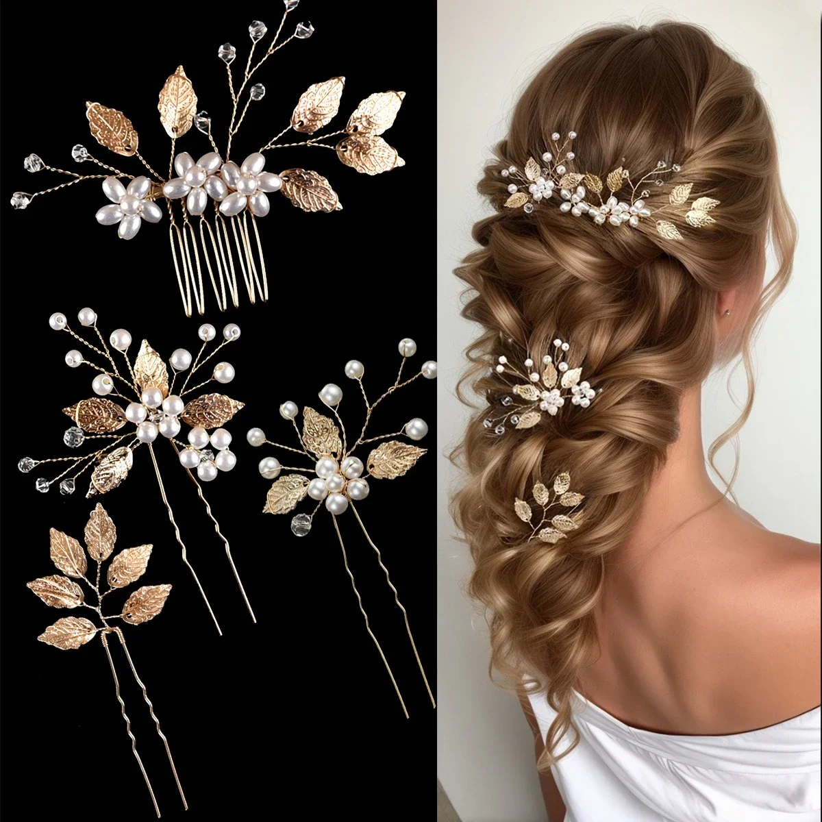4 Stück Blumen-Haarspangen, seitliche Kämme, Hochzeits-Haarschmuck, goldene Blatt-Perlen-Haarnadeln, Haarspangen, modische Kopfbedeckungen