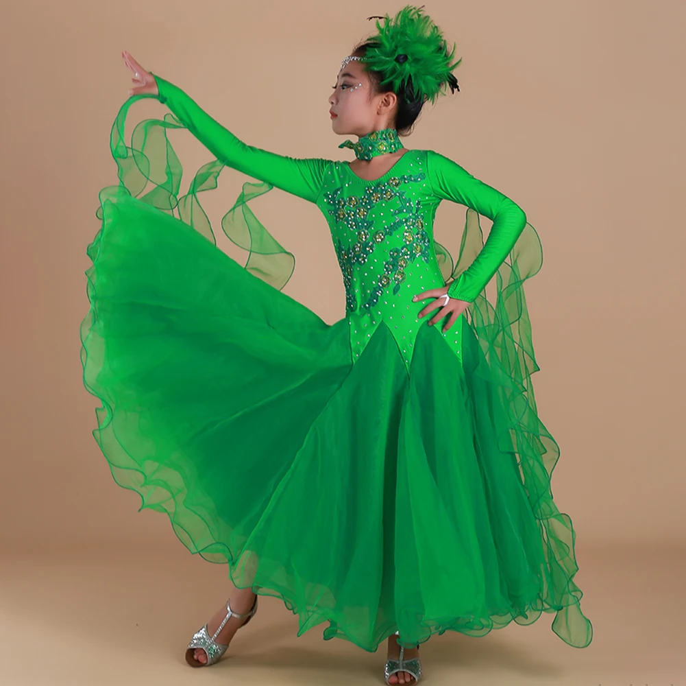 Competition Children's Dance Dress Standard Long Sleeve Purple Prom Girls Dress Yellow Modern Waltz dress Ribbon