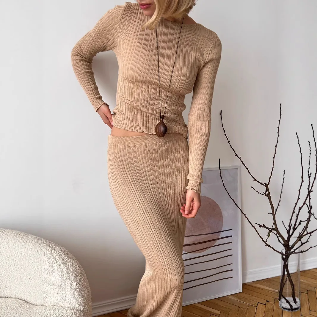 

Women Skirt Sets Two Piece Slim Dress Sets Ling Skirts Round Neck Full Sleeve Tops Casual Skinny Lady Y2k Elegant Summer 2025