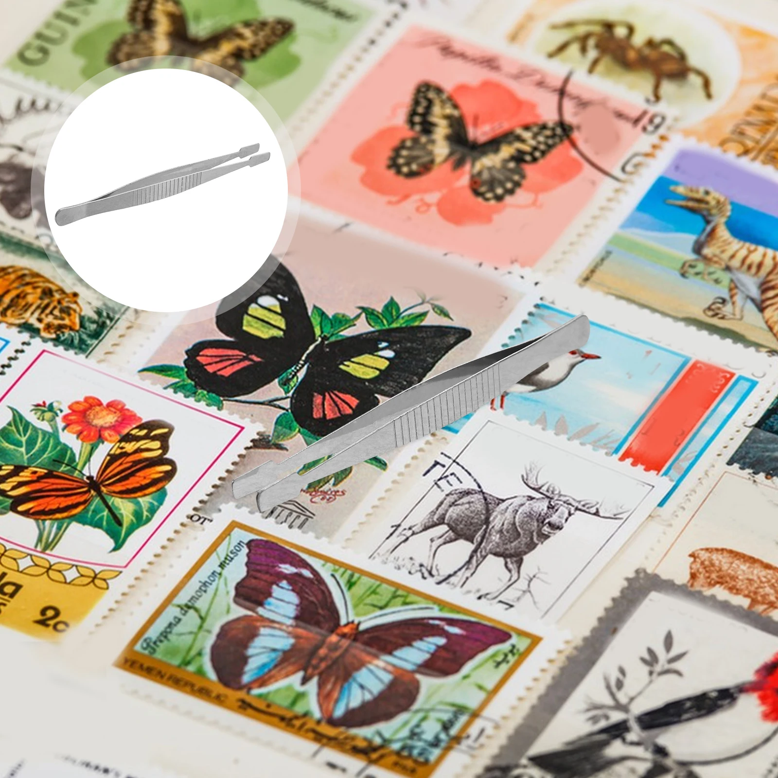 

10Pcs Flat Wide Tip Stamp Tweezers Stainless Steel Stable Grip Philately Tools for Collecting Stamps Paper Money Stickers Craft