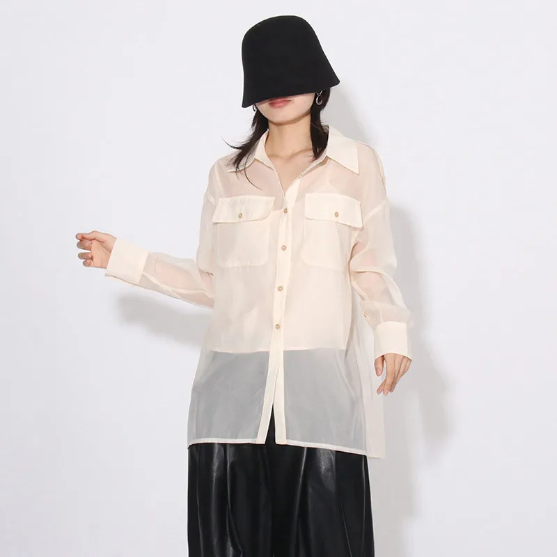 ONEINALL Solid Sheer Shirt For Women Lapel Long Sleeves Single Breasted Patchwork Pocket Loose Temperament Blouses Female New