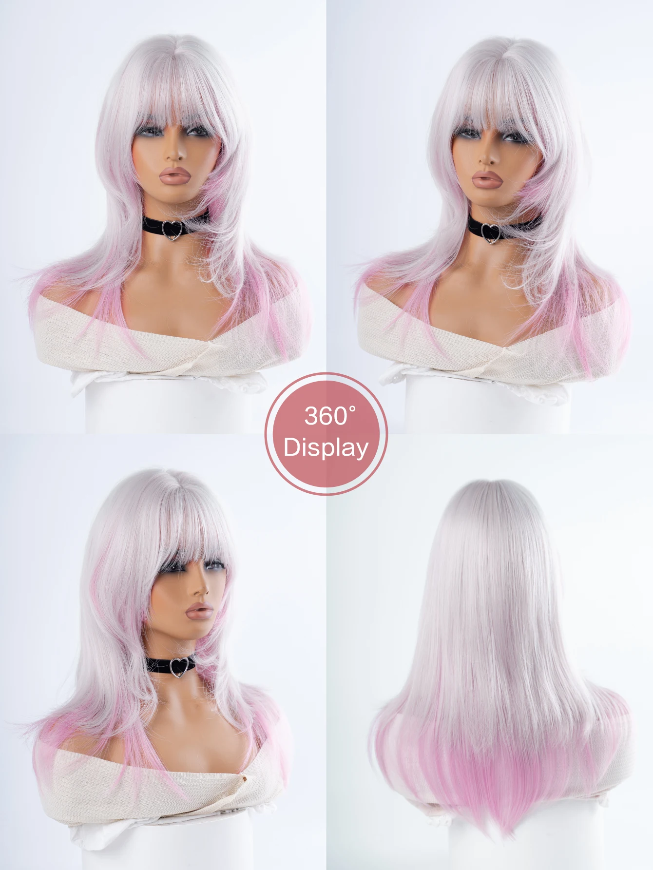 20 بوصة الأبيض والوردي التدرج حالمة نمط الاصطناعية مع الانفجارات متوسطة شعر طبيعي مستقيم شعر مستعار للنساء تأثيري مقاومة للحرارة #5