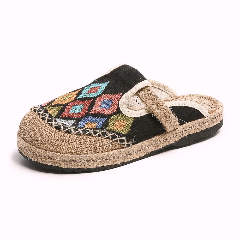 Veowalk Newly Women Casual Linen Handmade Embroidery Mules Flat Slippers Comfortable Ladies Casual Summer Espadrilles Shoes