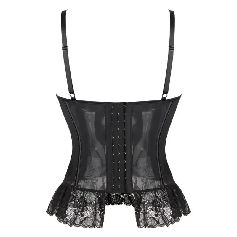 Lace Skirt Corset Double Strap Cup Bra Lingerie Women Breathable Mesh Corsets Adjustable Strap Back Buckle Corselet Vest Black