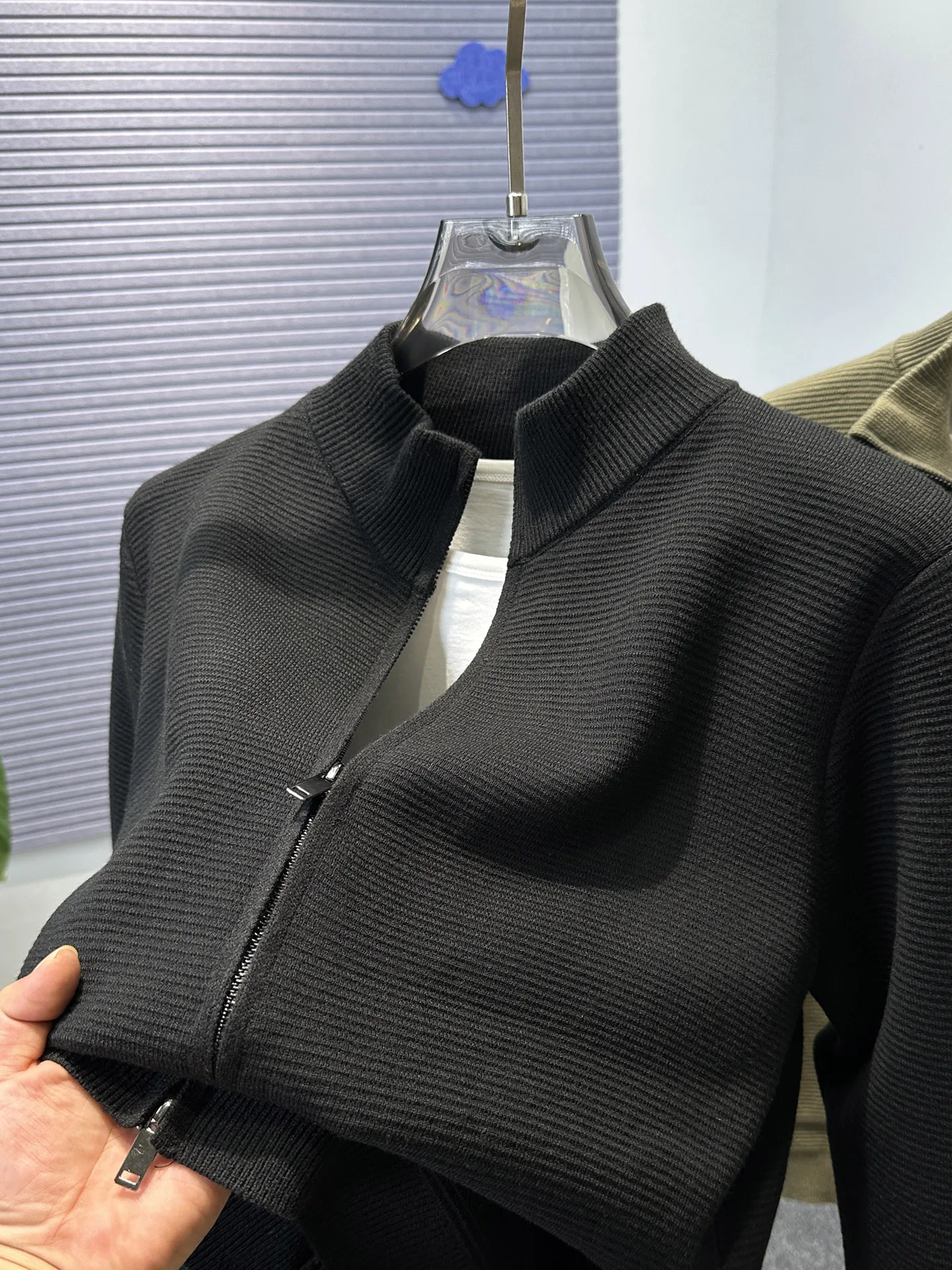 

Double Zipper Casual Knitted Cardigan Men's Pure Color Autumn Winter Jaet with ket Stand Collar Outerwear for Men