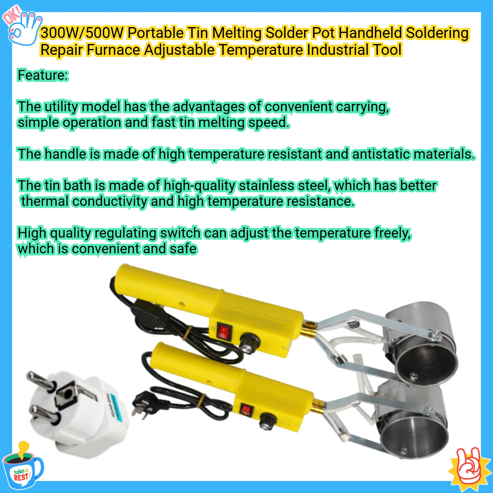 300W/500W Handheld Temperature Regulating Tin Melting Furnace Handheld Solder Pot Tin Furnace Mobile Tin Furnace Construction