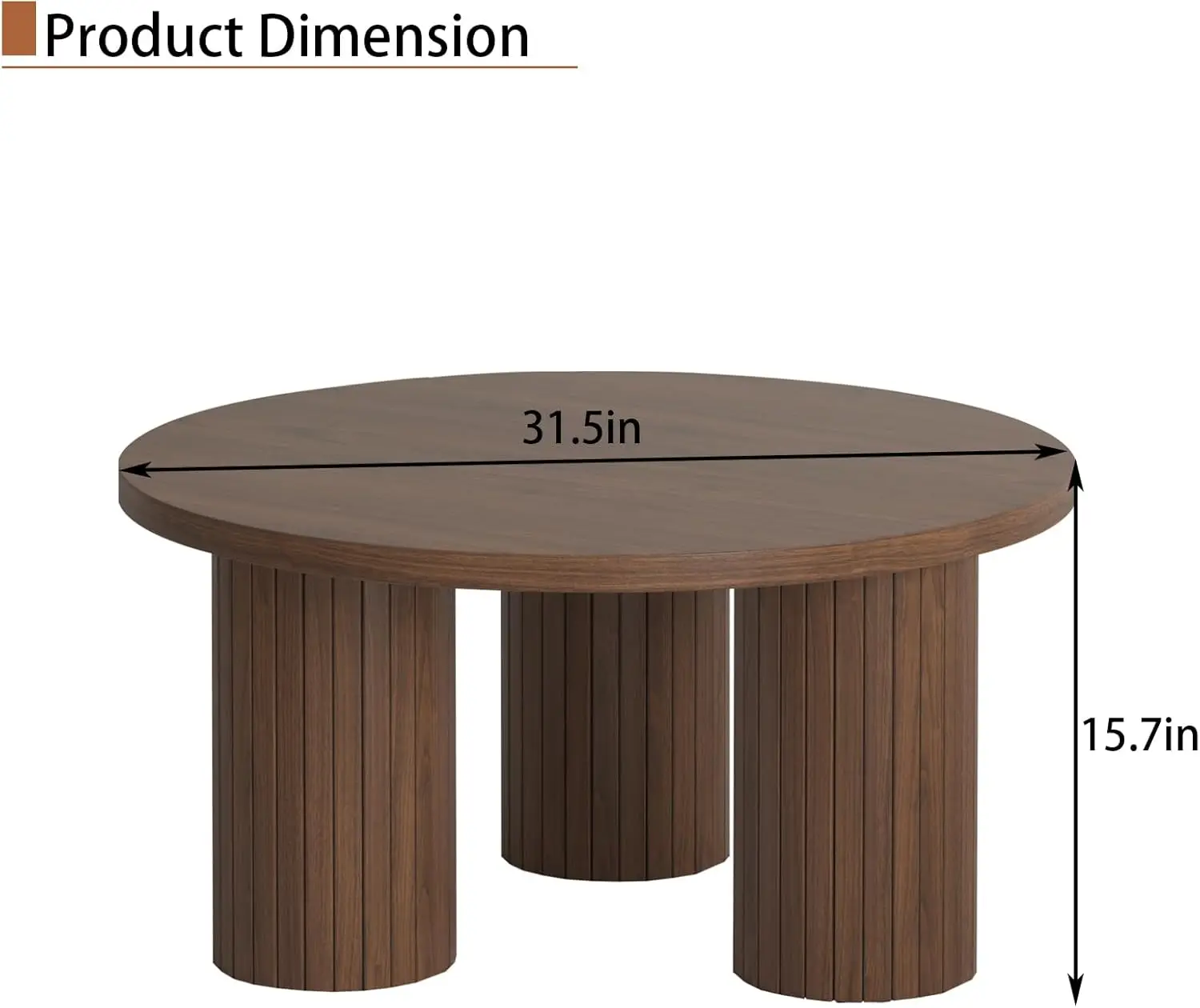 Table basse ronde de 31,5 pouces, table de salon ronde en bois avec trois pieds cannelés, table basse moderne du milieu du siècle, adaptée