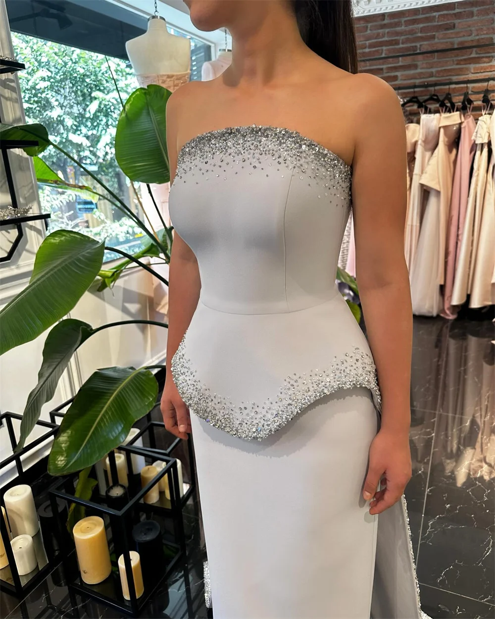 Contessa Aangepaste avondjurk galajurk bruiloftsgastjurk elegante strapless mouwloze schede maxi crêpe kralen peplum feest