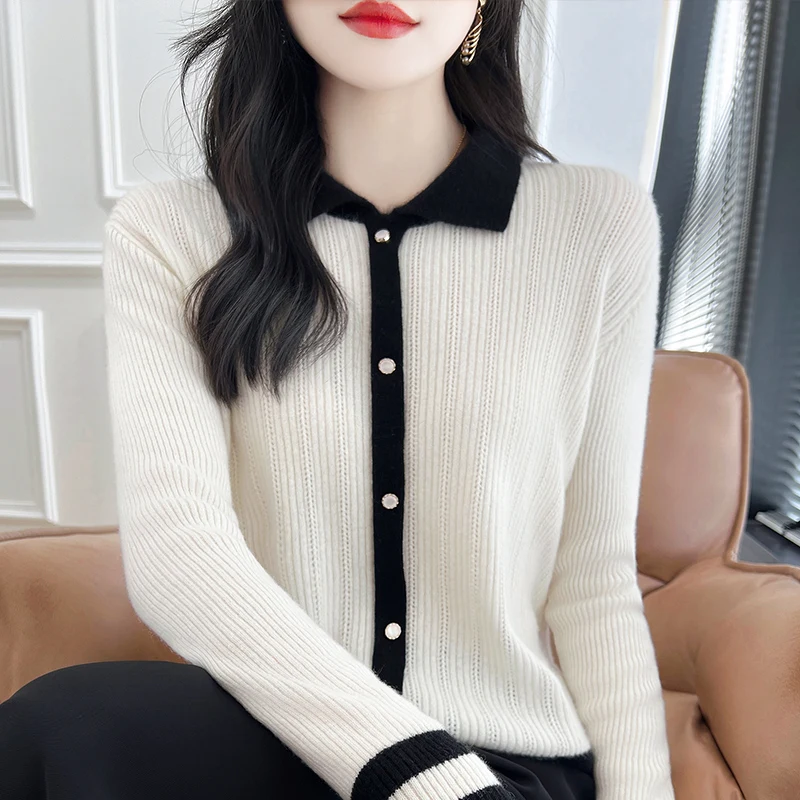 

Women's POLO Neck 100% Pure Wool Knit Pullover Fall/Winter Lapel Fake Cardigan Short Sweater Fashion Slim Color Matching Blouse