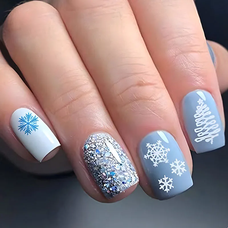 

24Pcs Long Square Press on Nails - Sky Blue & White Base with Christmas Tree, Snowflakes & Multi-Color Glitter