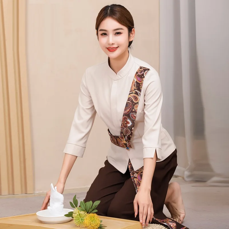 2023 New Brand Design Thai Massage Uniform Sets Short Sleeve Thailand Restaurant Waitress Work Clothes Beauty Salon SPA Uniforms