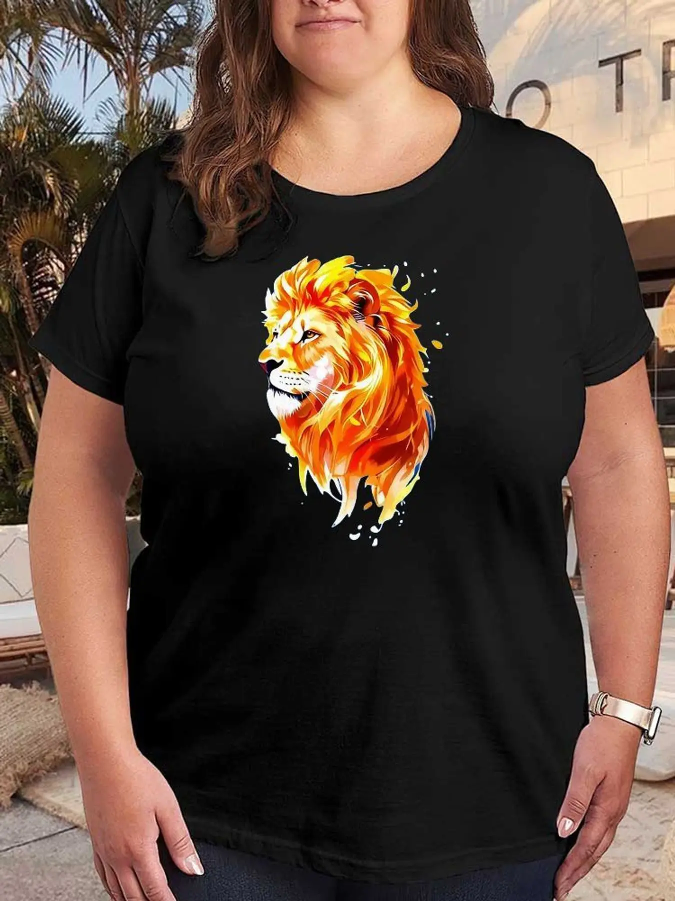 Lion Graphic Print T Shirt Women Fashion Short Sleeve Tees Stretchy Plus Size Casual Summer Tops Comfortable Soft Clothing
