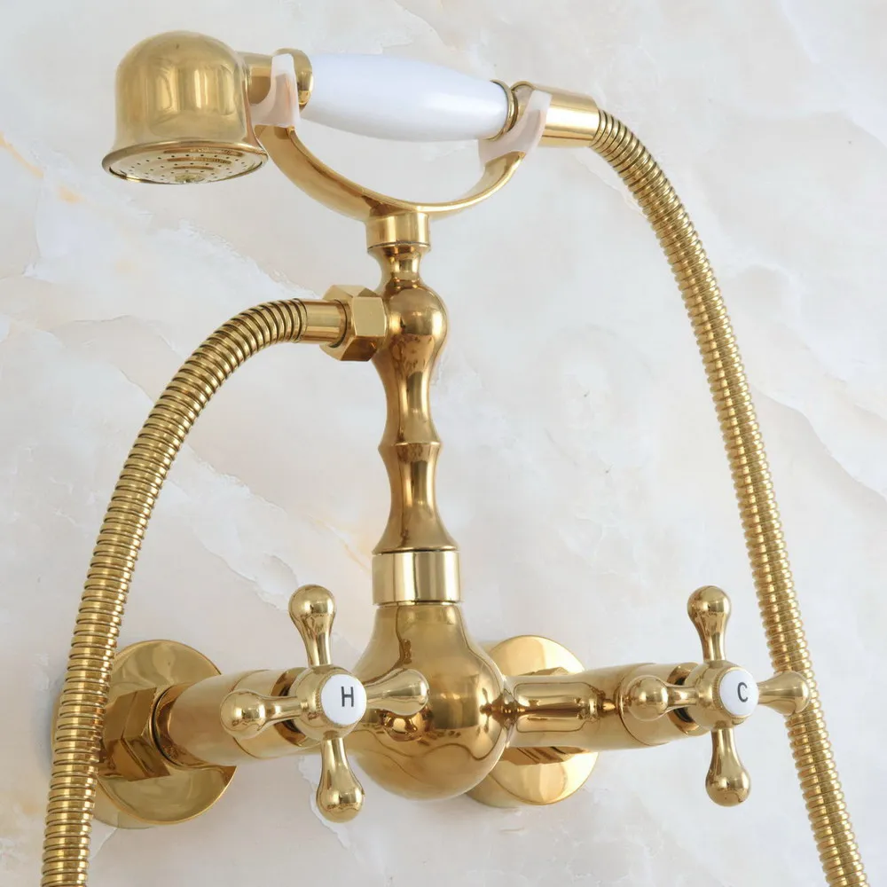 

Contemporary Luxury Gold Color Brass Wall Mounted Bathtub Faucet with Handheld Shower Set +150CM Hose Mixer Tap 2na825