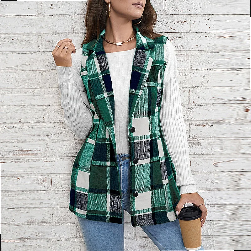 Womens Vest Waistcoat Spring Summer Plaid Sleeveless Cardigan Blazer Jackets
