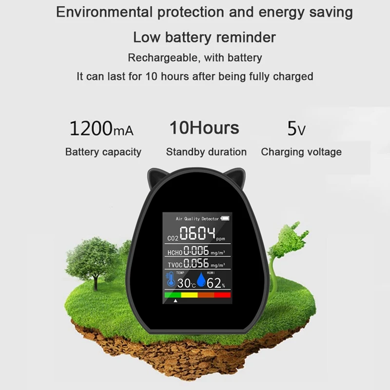 Detector de aire de CO2 5 en 1, multifuncional, portátil, Digital, función de visualización de temperatura y humedad, TVOC HCHO CO2