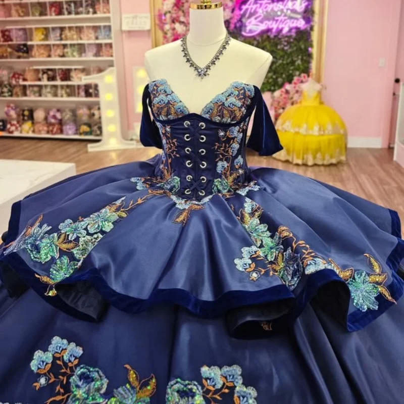 

Customized Shiny blue Quinceanera Dresses Off the Shoulder sequin applique flower Long tail layering Vestido 15 Quinceanera