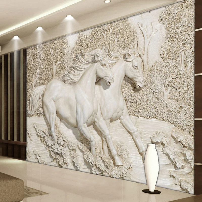 Papel tapiz Mural personalizado 3D, murales de foto de caballo blanco en relieve, sala de estar clásica, Fondo de TV, decoración del hogar, pinturas de pared