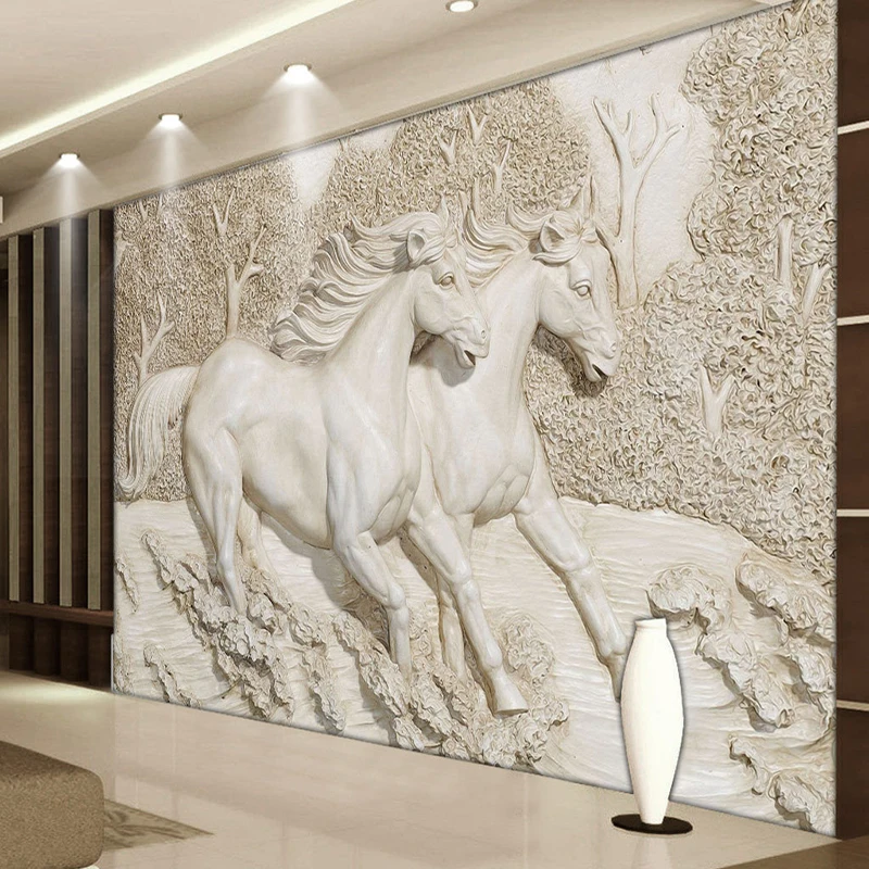 Nach Wandbild Tapete 3D Stereo Relief Weiß Horse Foto Wandmalereien Klassische Wohnzimmer TV Hintergrund Home Decor Wand Gemälde