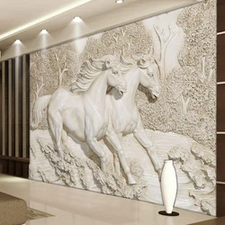 Custom Mural Wallpaper 3D Stereo Relief White Horse Photo Wall Murals Classic Living Room TV Backdrop Home Decor Wall Paintings
