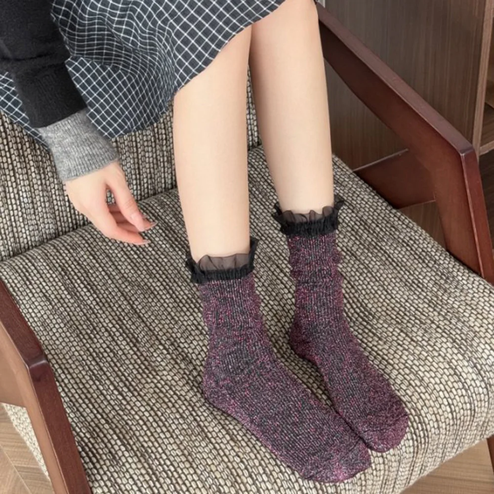 5 Packs Cute Lace-Edged Women's Socks With Shiny Golden And Silver Threads Comfortable No-Bitches Design Socks For Women