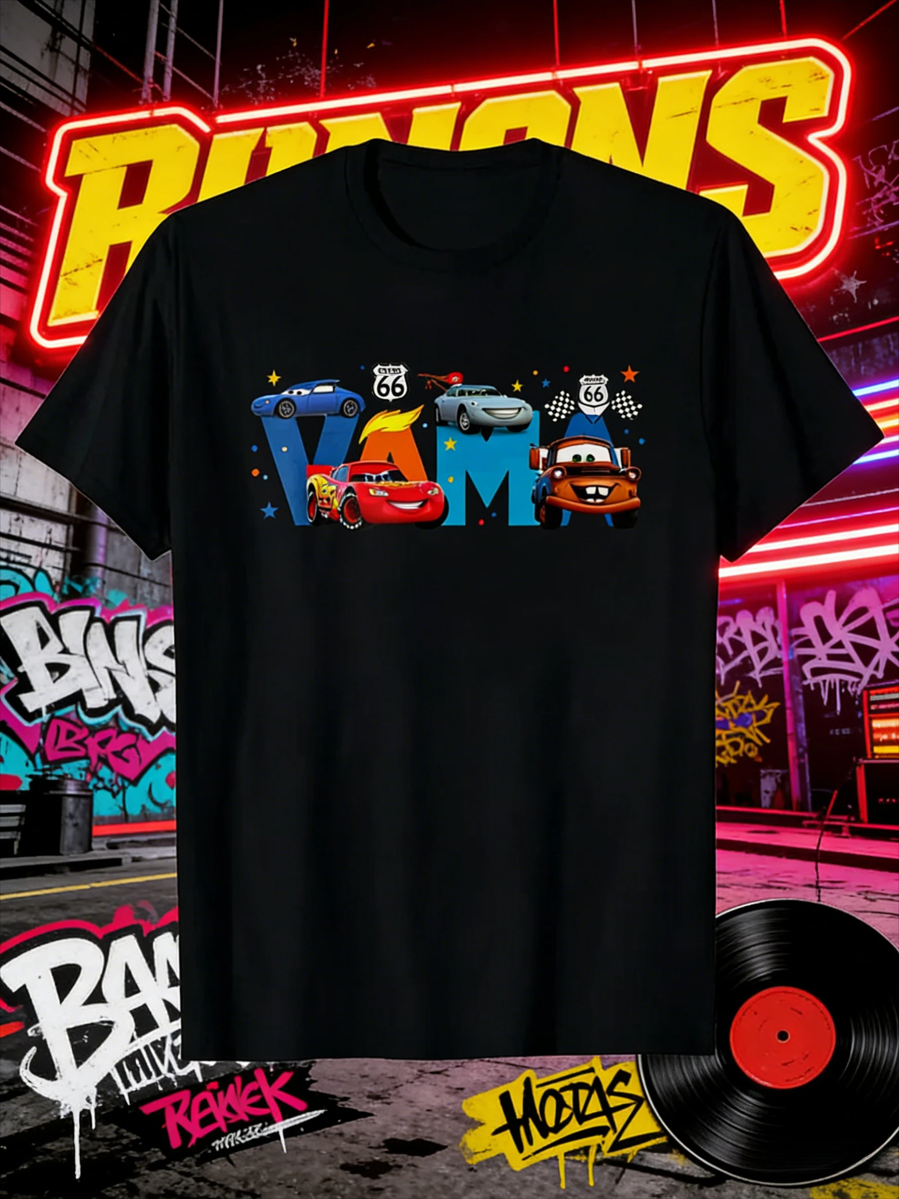 

Disney Pixar Car Mom 100% Pure Cotton Printed Pattern T-shirt for Men and Women, Black Lightning McQueen Round Neck Top