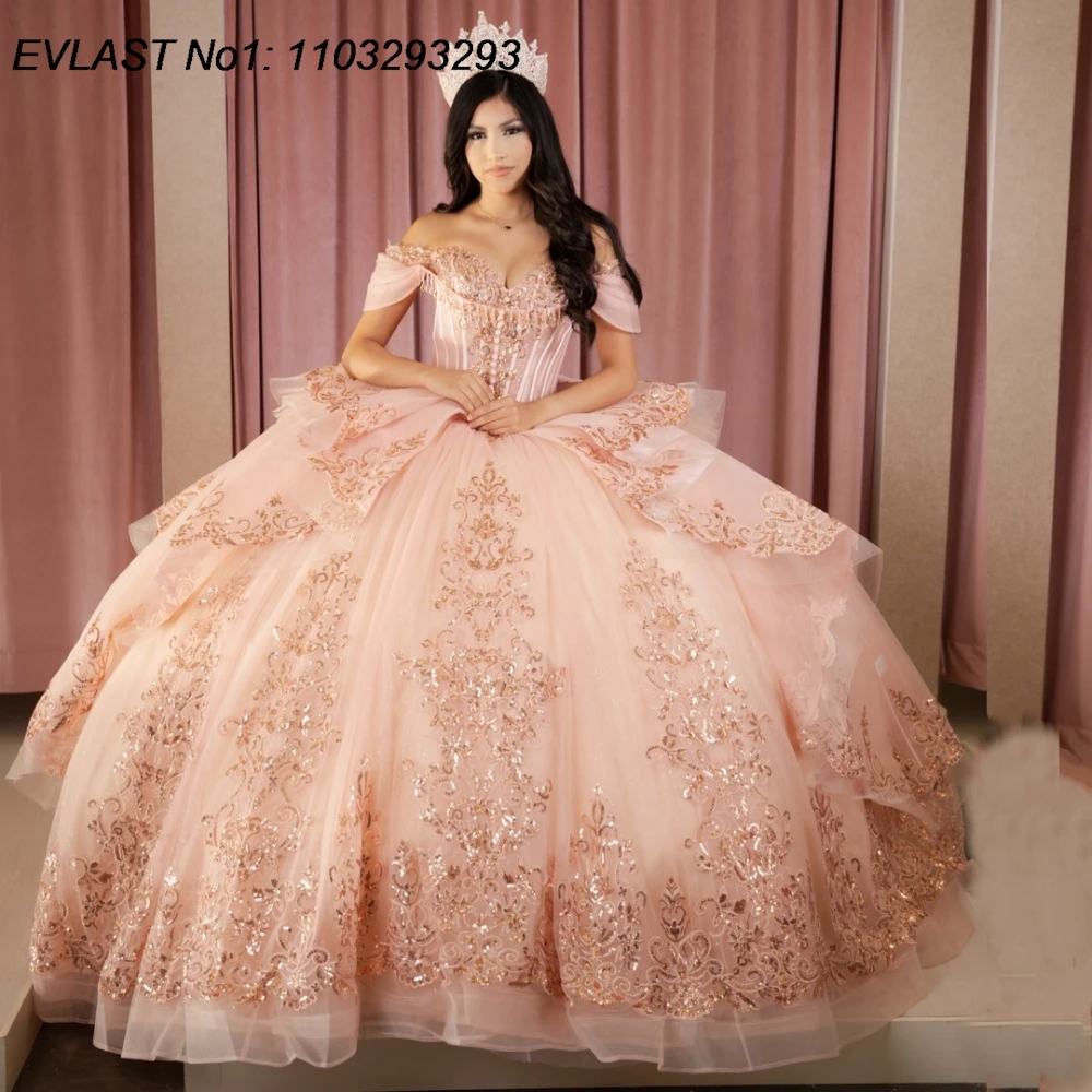 

EVLAST Customized Glitter Pink Quinceanera Dress Ball Gown Champagne Lace Applique Beading Sweet 16 Vestidos De 15 Anos E1QN615