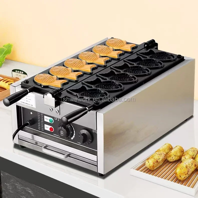 WeWork Commercial Ice Cream Taiyaki Machine with Closed Mouth Fish Shape Electric Fish Waffle Taiyaki Waffle Maker