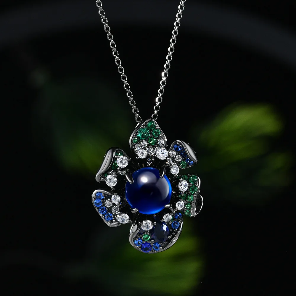 

New S925 Silver Round 10mm Synthetic Spinel Black Flower Neck Chain 5ct Fashion Versatile Flower Necklace Wedding Jewelry