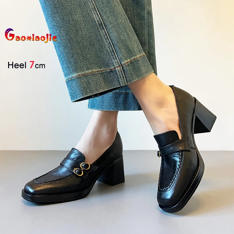 

7CM Block Heel Retro Soft-soled Square-toe Women's Shoes Black British Style Versatile Single Shoes Spring Woman High Heel Pumps