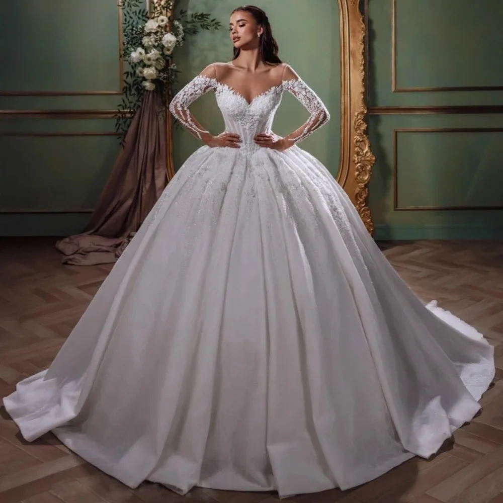 Vintage Lange Ärmel Brautkleider Perlen Applikationen Schulterfrei Satin A-Linie Brautkleid Prinzessin Vestido de Novia