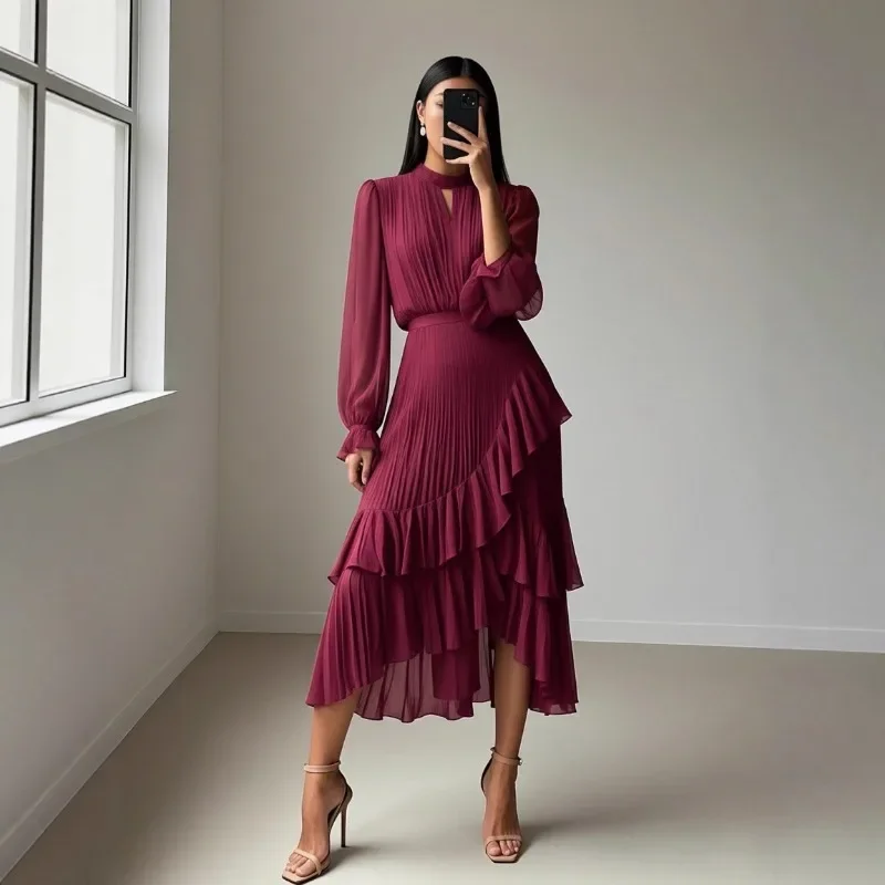 European American Solid Color Ruffle Dress Women Elegant Pleated Midi Dress New Fashion Ladies Office Work Casual