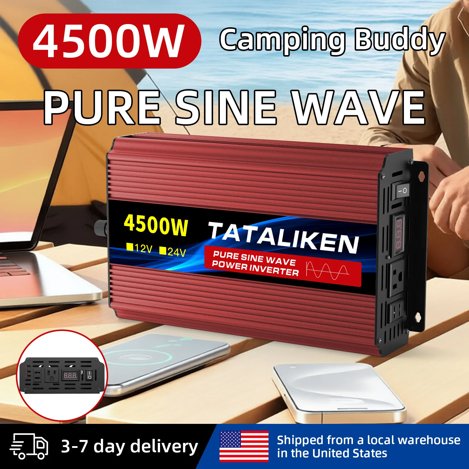 4500W 6000W 8000W Pure Sine Wave Inverter, 12V DC to 110V 60Hz US Plug with LED Readout & Heat-Controlled Fan, Portable Power for Grill Lights Speaker Air Pump