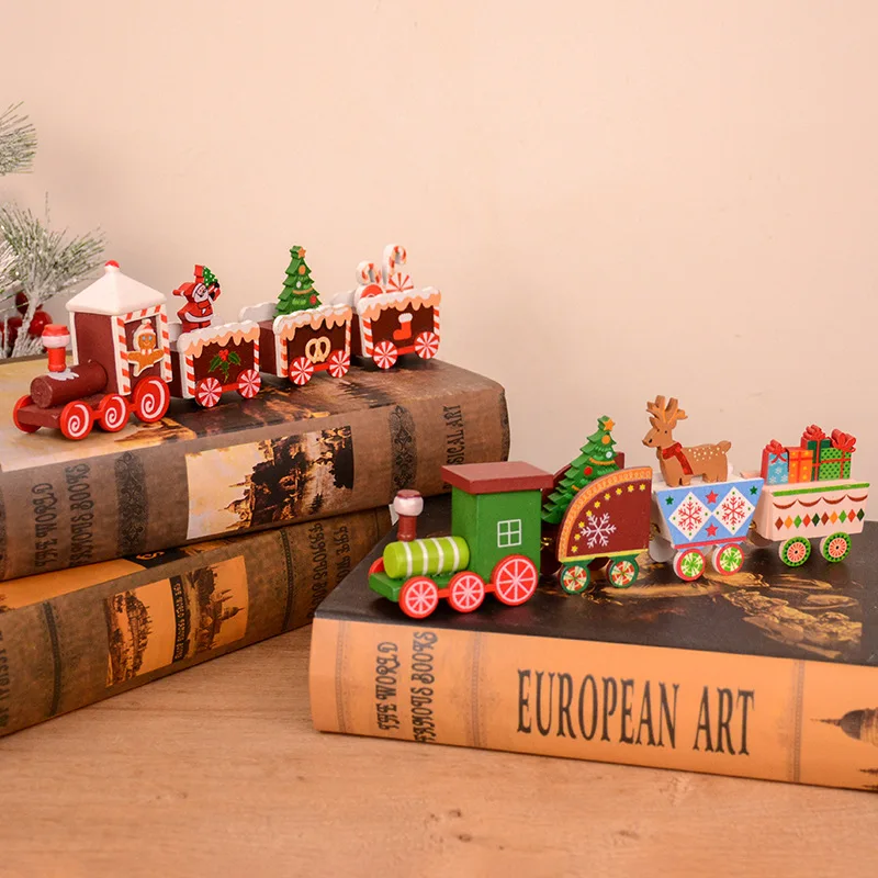 New Christmas Woodiness Small Train Rainbow Sled Series Desktop Decoration Ornament Christmas Atmosphere Decoration Toy Gift