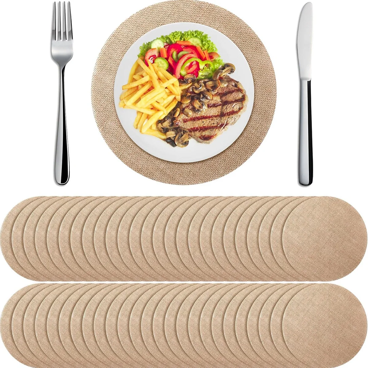 50/100PCS Round Burlap Placemats  Natural Color  Breathable Non-Slip Light Luxury Table Mats for Kitchen & Dining Room