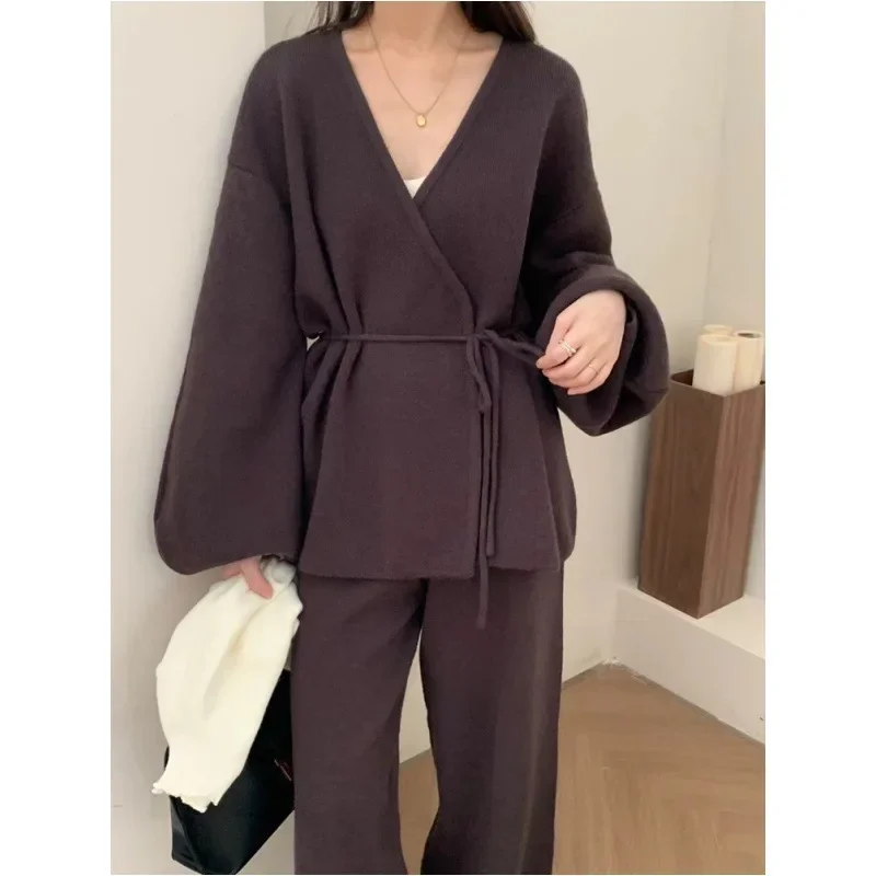 

Fashion V-neck Long Sleeve Lace Up Sweater And High Waist Trousers Casual Women Knit Set Clothing 2024 Autumn New