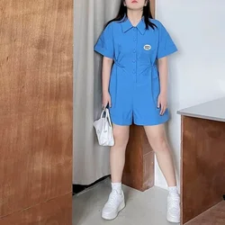 Oversized Jumpsuits Summer Short Sleeve Loose Casual One Piece Outfit Women Polo-neck Drawstring Waist Playsuits Wide Leg Shorts
