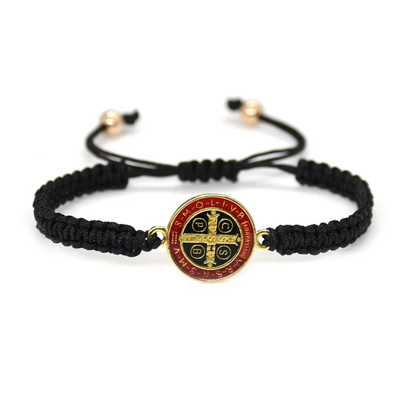 QIGO St. Benedict Bracelet For Men Women Rope Weave Religious Jewelry Red Black