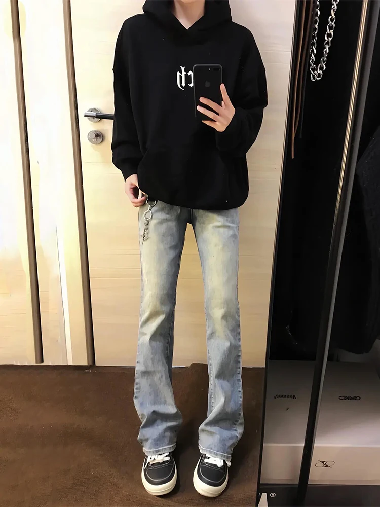 

Американские джинсовые джинсы в стиле ретро, мужские повседневные узкие брюки с высокой талией и прямыми штанинами, износостойкие синие джинсы средней длины, осенняя одежда