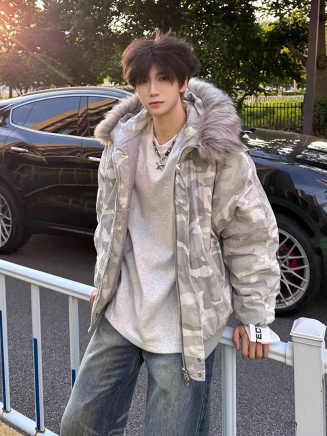 American Style Hooded Camouflage Cotton Jacket Men's Winter Thickened Fur Collar Parka Cleanfit Seamount Eagle Cotton Coat