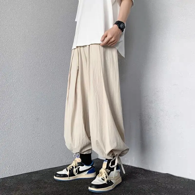 Men Drawstring Cuff Harem Loose Pants Japanese Yamamoto Harajuku Style Hip Hop Trousers Cargo Daily Punk Sport Cotton Thin Pants