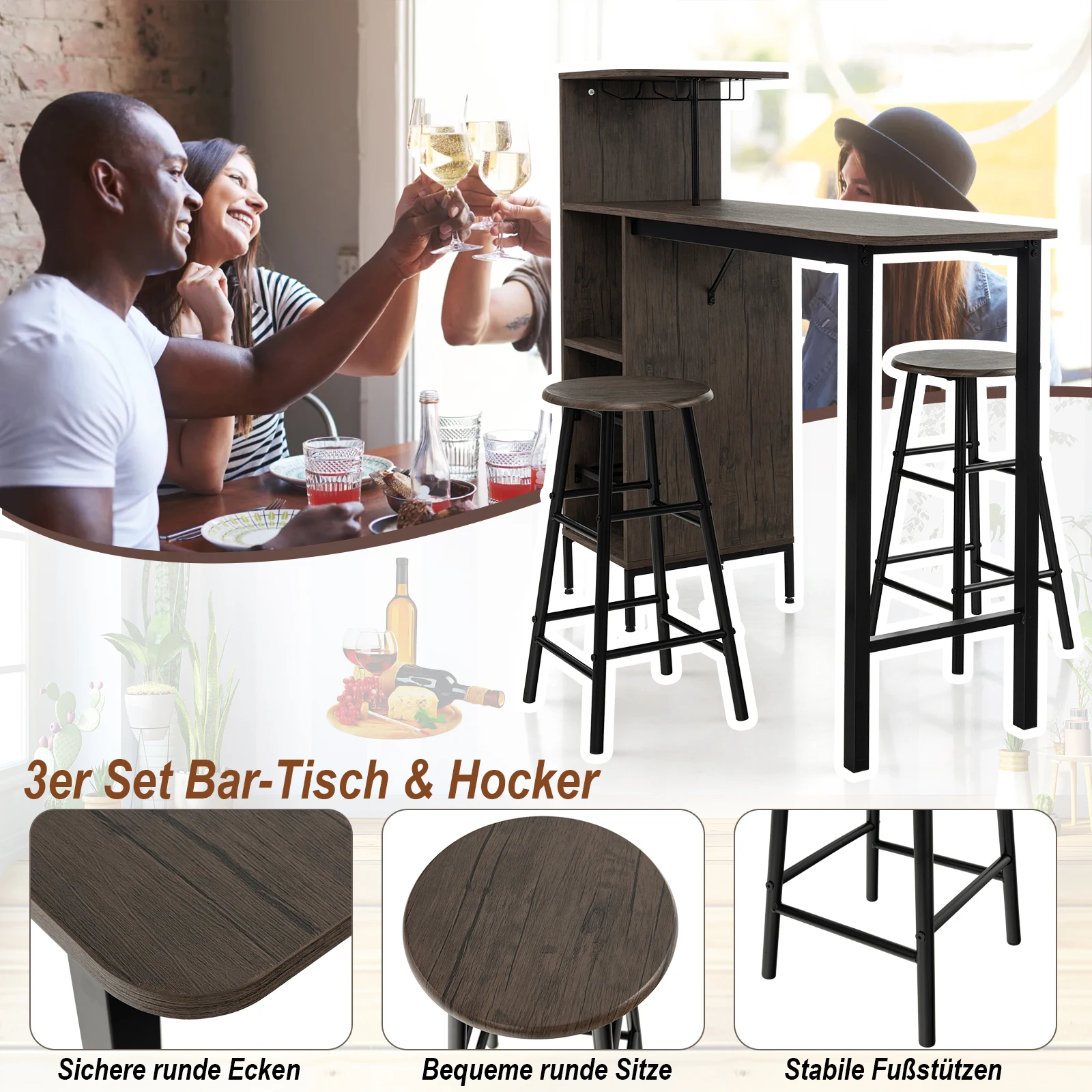 Bar Table Bar Stool Set 2 Person Bar Table Set with Holder for Wine Glasses and Bottles Kitchen counter for living room