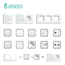 BSEED Mvava DIY UK EU Standard TV Satellite USB Socket Button Switch With Crystal Glass Frame Panel White Home Improvement