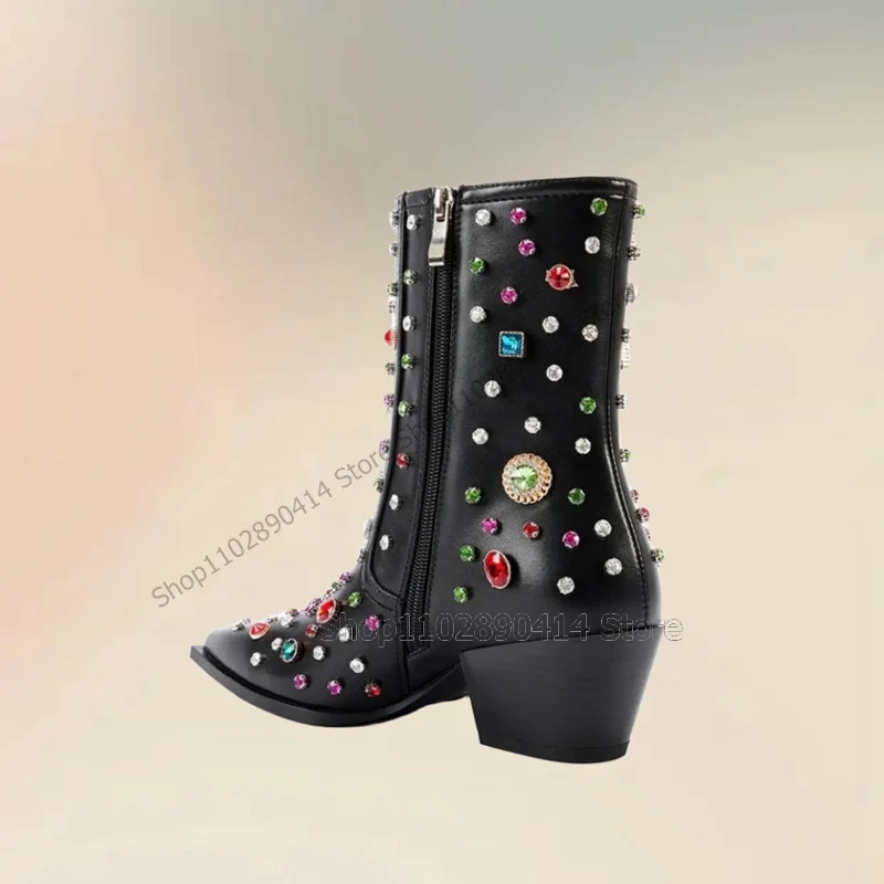 Colorful Jewel Crystal Decor Pointed Toe Boots Side Zipper Women Shoes Chunky High Heels Fashion Party 2024 Zapatos Para Mujere