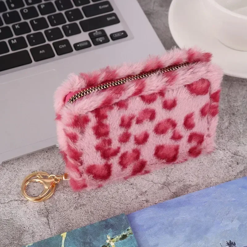 Fashion Leopard Print Plush Short Wallet with Keychain for Women Large Capacity Card Holder Zipper Coin Bag