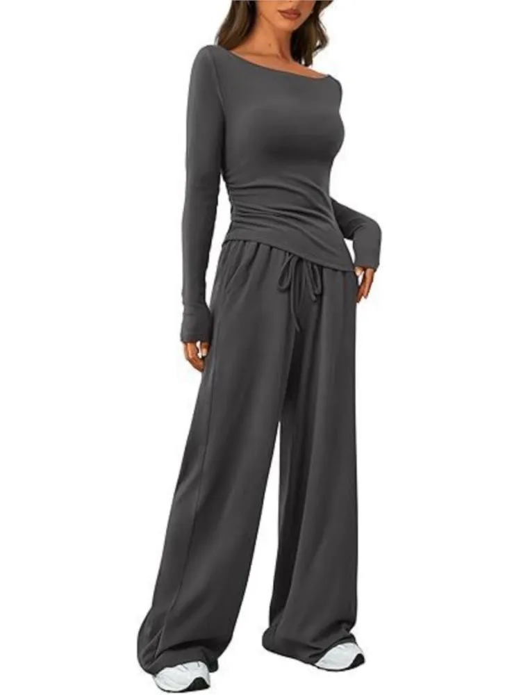 Autumn Asymmetrical Long-sleeved O-neck Top + Wide-leg Pants 2-piece Set For Women Fashion Solid Color Slim Sports Female Suit