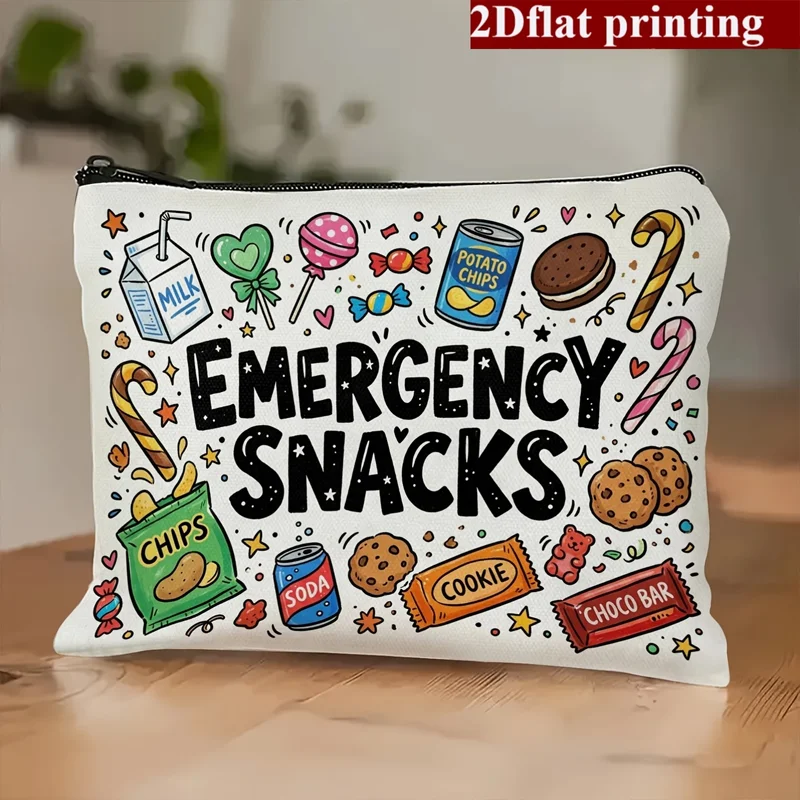 1Pc 2D Modern Emergency Snack Themed Print Makeup Bag, Multi‑use Travel & Business Pouch for Toiletries Cosmetics Snacks Combs