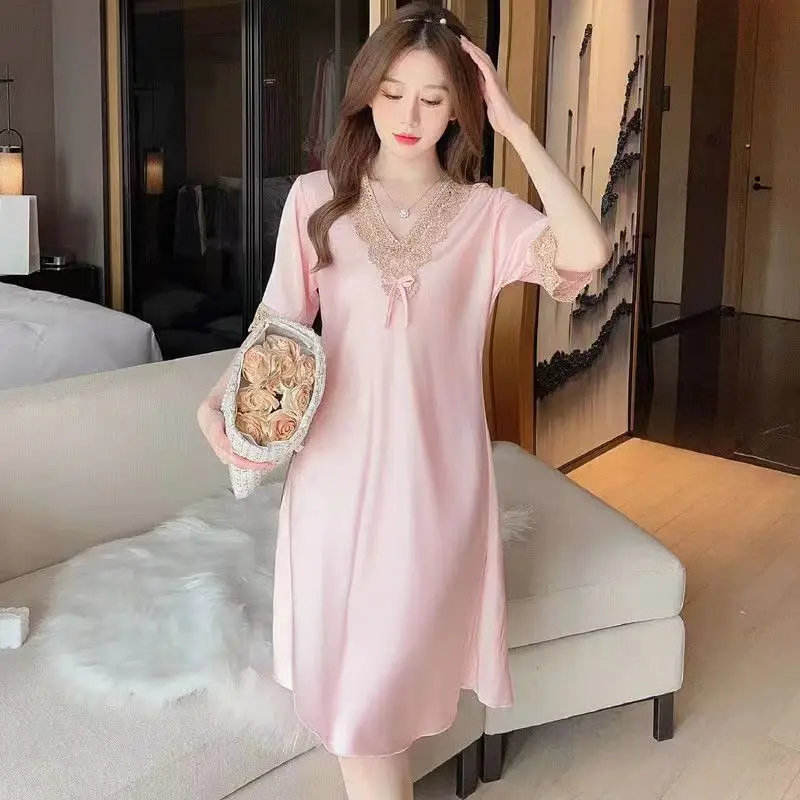 Women\'s Clothing New Silk Pajamas Spring And Summer Thin Section Sexy Sweet Lace Embroidery Short-Sleeved Dress Nightgown