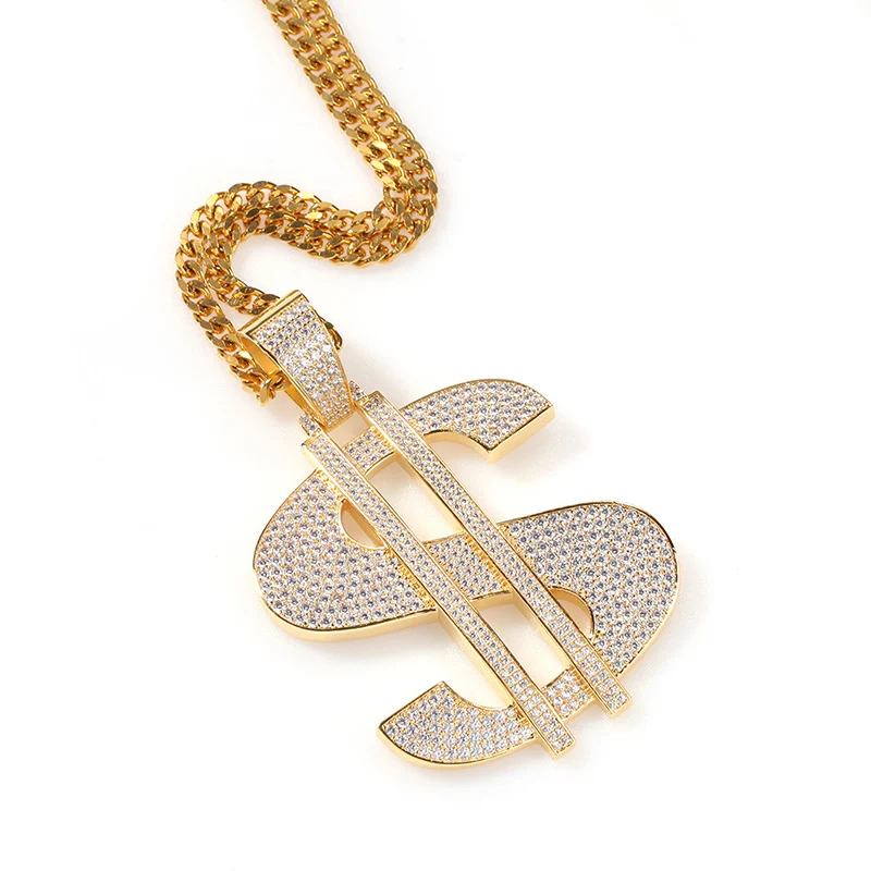 Big Model US Dollar Money Sign Pendants Necklace for Men Hip Hop AAA CZ Stone Bling Iced Out Rapper Jewelry Gold Color