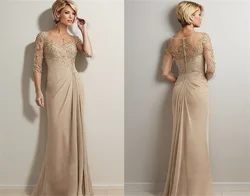 Elegante pizzo con perline Champagne madre della sposa abiti pluse Size Chiffon mezze maniche sposo madre abito da sera per il matrimonio